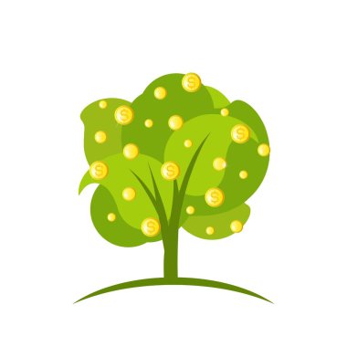 Altın paralı yeşil ağaç. Para ağacı beyaz arka planda izole edilmiş. Büyüyen kar ve zenginliğin düz vektör çizimi. Yatırım logosu.