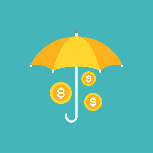 Golden umbrella with gold dollar coins stack under it. Vector flat icon isolated on blue. Income safe. Money protection concept. Investments, safety business.
