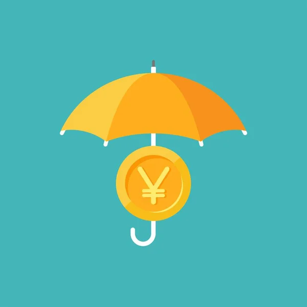 Blauwe Paraplu Met Gouden Yen Munt Eronder Vector Platte Pictogram — Stockvector