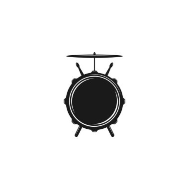 Rock okulu veya rock grubunun logosu. Çubuklu ve zilli davul. Rock müzik şirketi. Vecor logosu beyaza izole edildi.