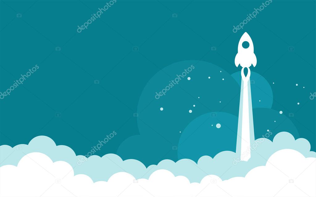 Rocket ship with space, sky clouds and stars on blue background. Flat icon. Vector illustration with flying shuttle. Space travel. Space rocket launch. New project start up concept. Creative idea.