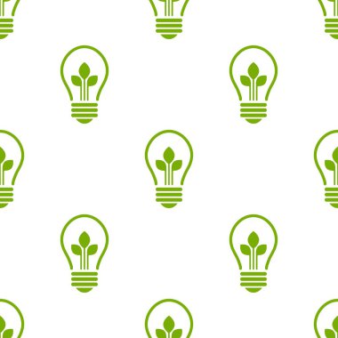 Kusursuz desenli, yeşil ampullü ve beyaz arka planda üç yeşil yapraklı. Düz bir süs. Vektör çizimi. Yeşile git. Çevre dostu. Dünya çevresi günü