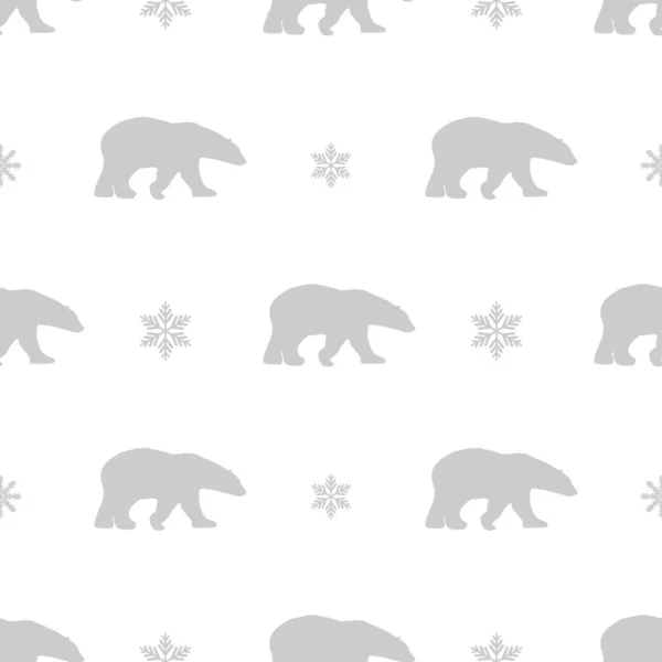 Bezszwowy Wzór Zimy Srebrnymi Szarymi Płatkami Śniegu Niedźwiedziami Polarnymi Porogami — Wektor stockowy