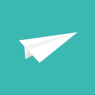 Kağıt uçak ikonu. Düz origami uçağı mavi arka planda izole edildi. Vektör çizimi. Mesaj, mektup, posta sembolü. Çalıştır ve çalıştır, icat ve geliştirme işareti.