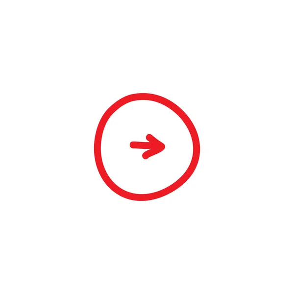 Roter Handgezeichneter Rechter Pfeil Kreis Cartoon Symbol Isoliert Auf Weiß — Stockvektor