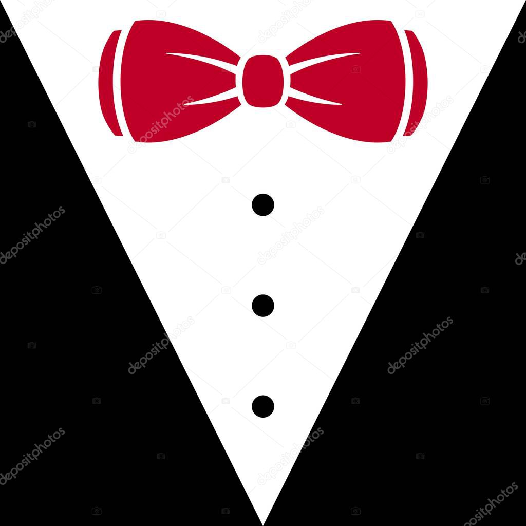 Gentleman icon isolated on white background. bow tie with buttonsand black suit. Party, gala evening, ball, wedding symbol. Isolated on white. Vector flat illustration.