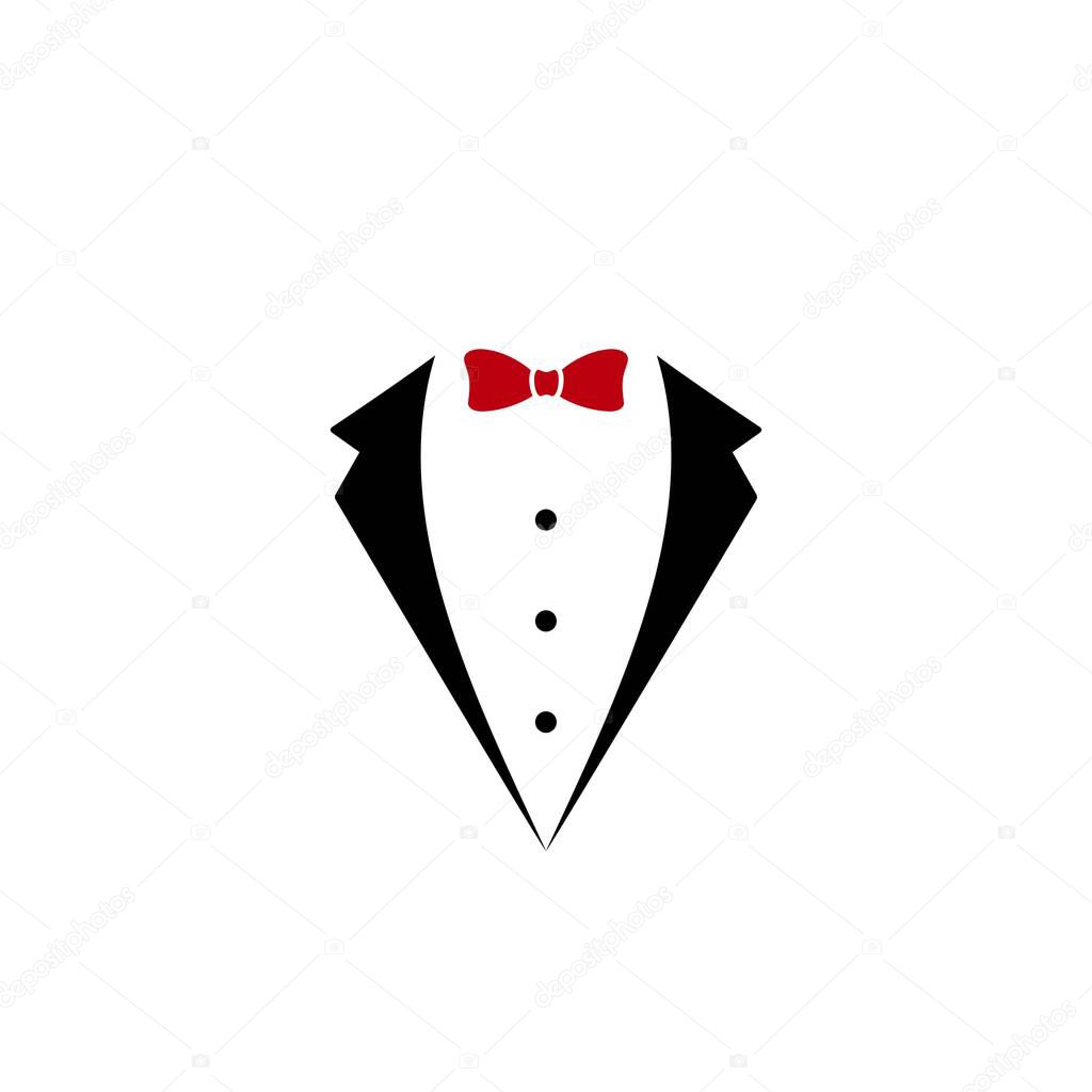 Gentleman avatar isolated on white background. bow tie with buttons and black suit or tuxedo. Party, gala evening, ball, wedding symbol. Isolated on white. Vector flat illustration.