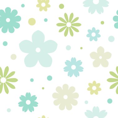 Kusursuz çiçek deseni. Şirin papatya, papatya çiçekleri. Beyaz arka planda mavi ve yeşil renklerde düz çiçekler. Vektör çiçek çizimi. Bahar romantik duvar kâğıdı.