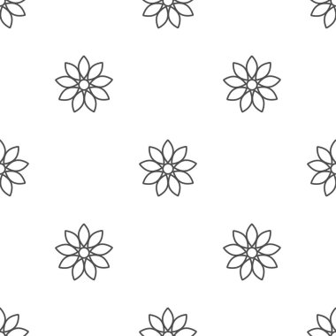 Kusursuz güneş çiçeği deseni. Beyaz arka planda siyah düz çiçekler. Vektör simetrik illüstrasyon. Doğa eko duvar kağıdı.