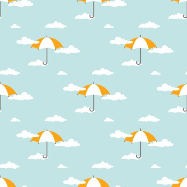 Beyaz bulutlar ve açık mavi gökyüzünde turuncu şemsiyeli kusursuz bir arka plan. Bulutlu desen. Vektör süsü. Karikatür hava durumu duvar kağıdı. Kumaş veya ambalaj için düz baskı