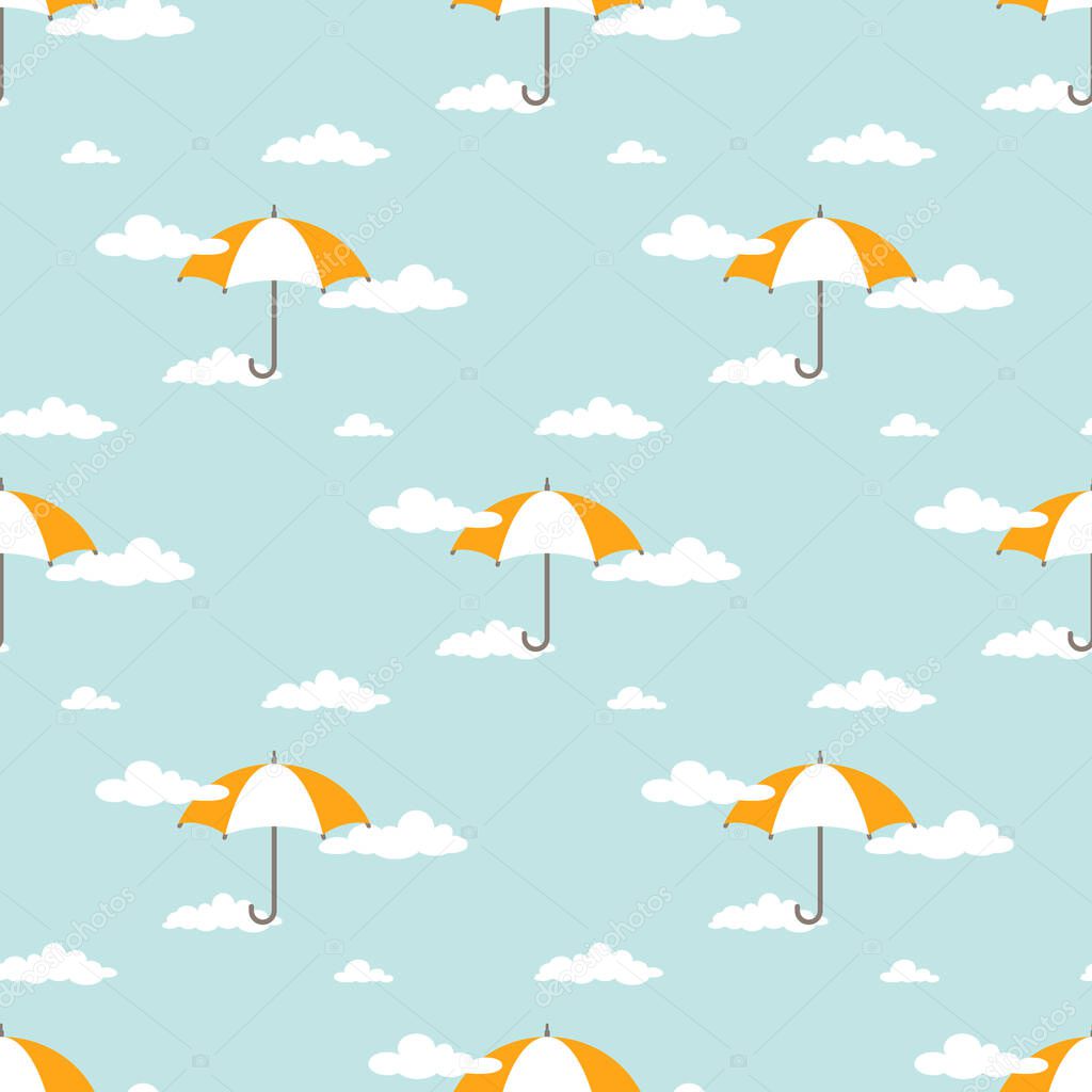 Seamless background with white clouds and orange umbrellas on powder blue sky. Overcast pattern. Vector ornament. Cartoon weather wallpaper. Flat print for fabric or wrapping