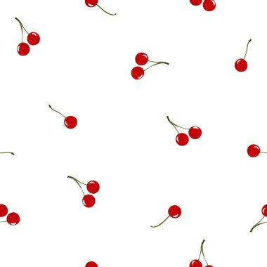 Beyaz arka planda kırmızı kirazlı kusursuz desen. Vektör çizimi. Yazın parlak vektör illüstrasyonu basım için iyidir. Yiyecek süsü.