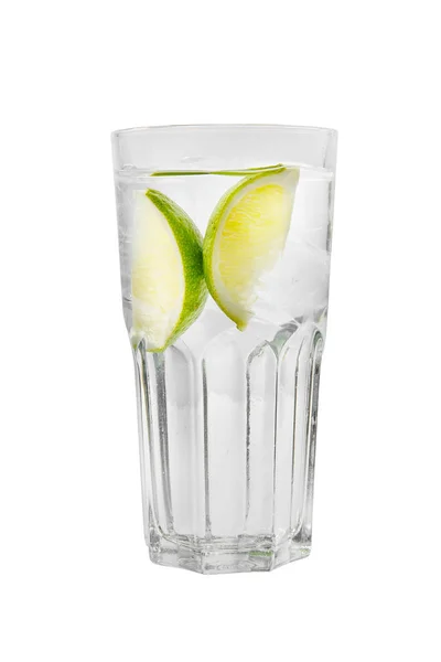 Transparent Cocktail Tall Glass Ice Cubes Two Slices Lime Quart — Stock Photo, Image