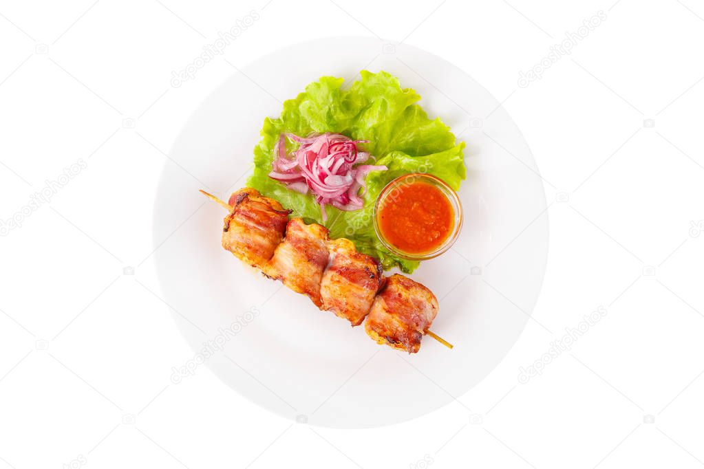 Shish kebab with onion, sauce isolated white