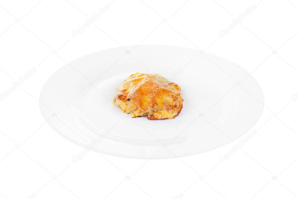 Meat baked with mayonnaise, cheese isolated white