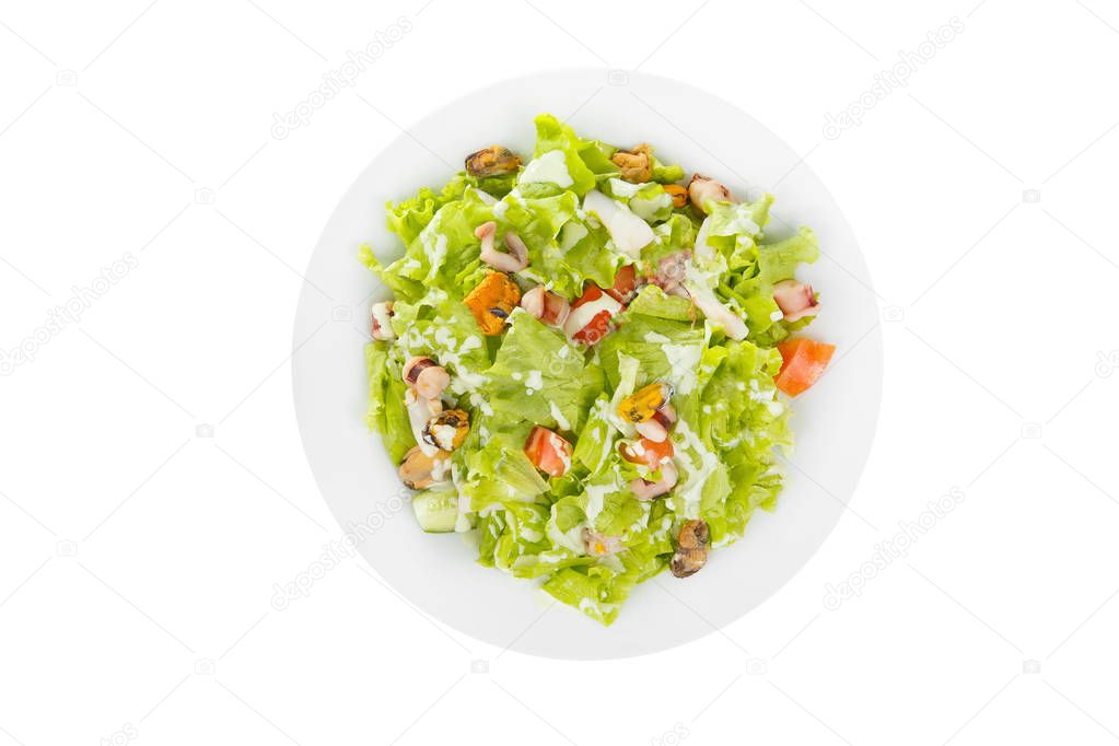 Salad with seafood on plate white isolated