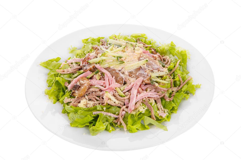 Salad with ham and mushrooms white isolated