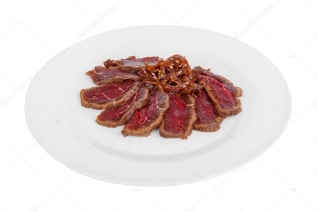 Cold appetizer before alcohol, food, marinated roast beef, fried, beef, with pickled onions, slices, 8 pieces on plate, white isolated background Side view. For the menu, restaurant, bar cafe