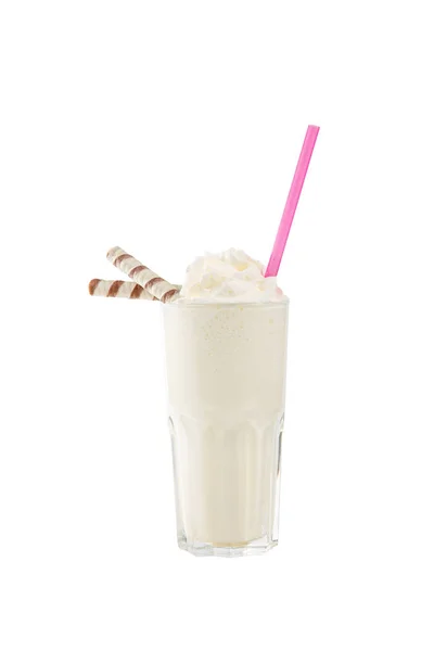 Milkshake con cialda, paglia isolata vista laterale bianca — Foto Stock