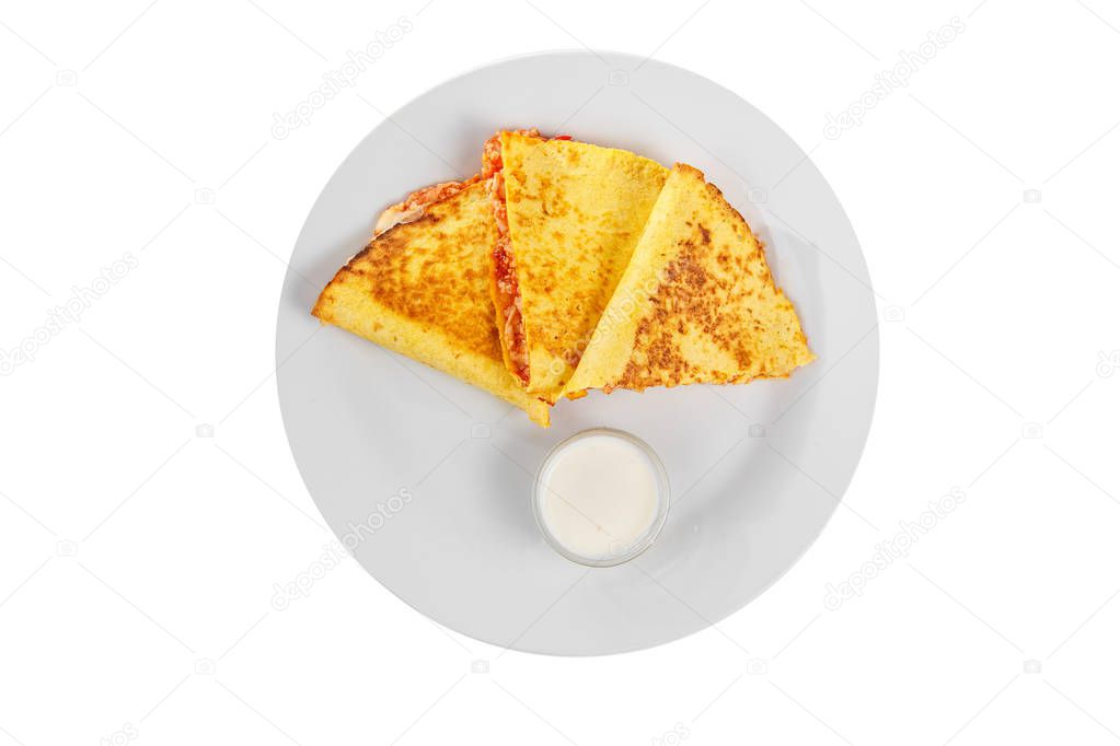 Quesadilla with chicken and tomatoes isolated white