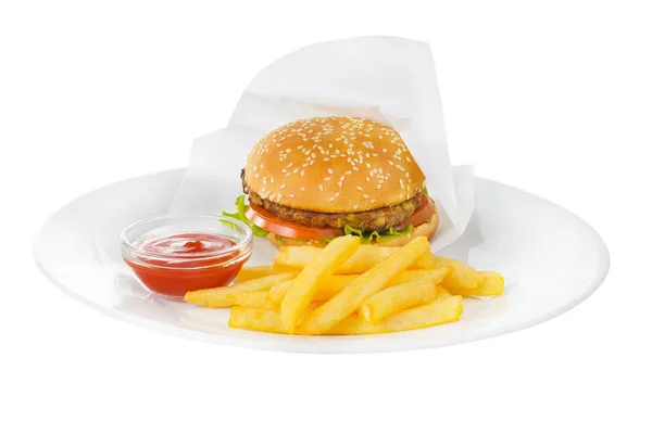 Burger aux côtelettes et frites isolé blanc — Photo