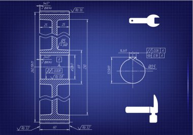 Mavi bir arka plan üzerinde makine yapım çizimleri