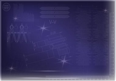 Mavi bir arka plan üzerinde makine yapım çizimleri