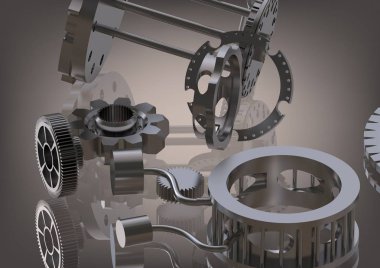 Gri bir arka plan üzerinde gümüş sökülüp dişli mekanizması. 3D render