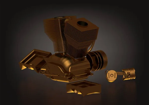 Motor dourado desmontado em um preto — Fotografia de Stock