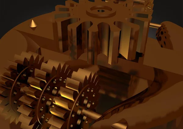 Golden gear mechanism on a black background. 3D rendering