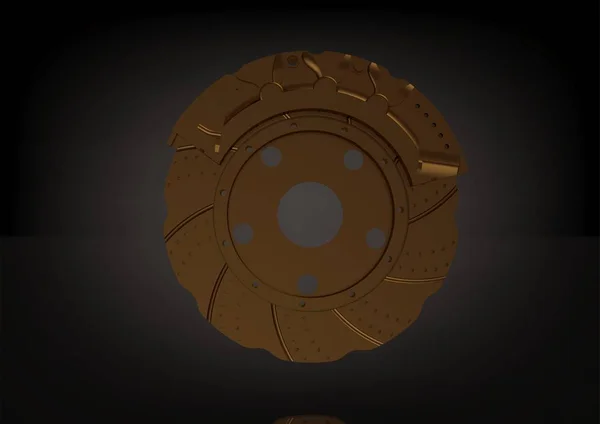Золотий гальмівний диск на чорному тлі. 3D візуалізація — стокове фото