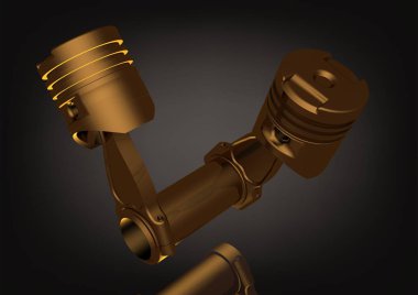 Siyah bir zemin üzerine iki altın pistonlar. 3D render