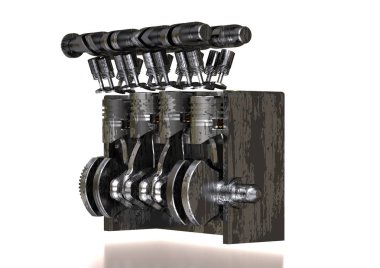 Bir beyaz üzerine siyah ve gümüş arabanın motoru