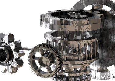 Bir beyaz üzerine siyah ve gümüş dişli mekanizması