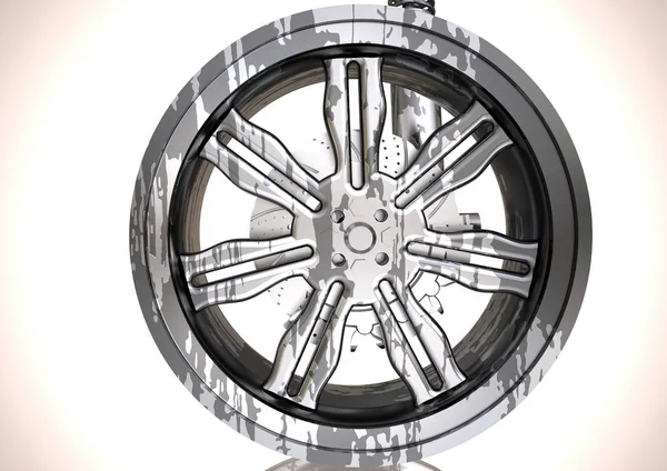 Silver and black wheel and shock absorber on a white — Stock Photo, Image