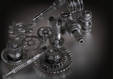 Bir beyaz üzerine siyah ve gümüş cogwheels