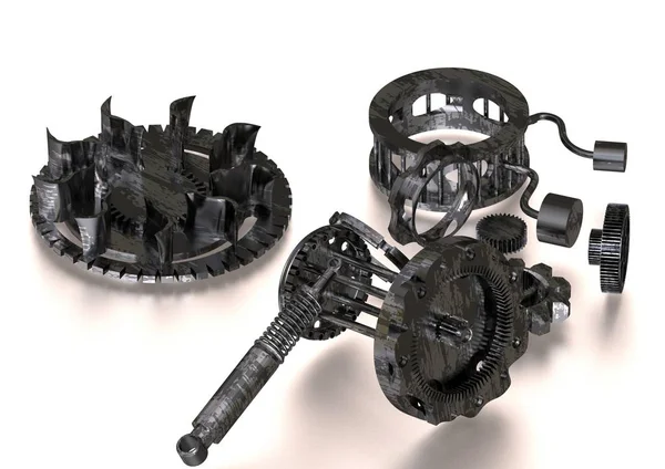 Černé a stříbrné demontované Převodový mechanismus na bílé — Stock fotografie