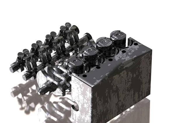 Beyaz siyah ve gümüş arabanın motoru demonte