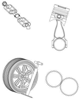 Egzoz borusu, piston ve tekerlek üzerinde bir beyaz