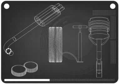 Egzoz borusu, piston ve bir siyah tekerlek