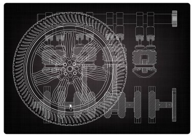 Araba motoru ve bir siyah tekerlek