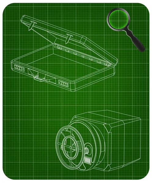 Coffre-fort et cas sur un vert — Image vectorielle