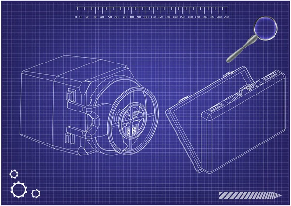 Coffre-fort et étui sur un bleu — Image vectorielle