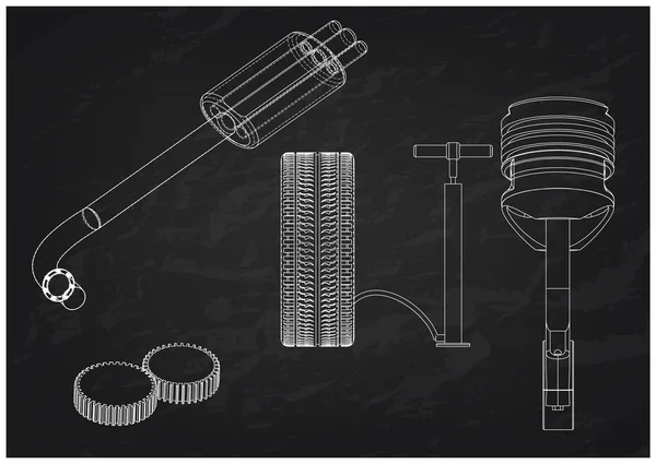 Выхлопная труба, поршень и колесо на черном — стоковый вектор