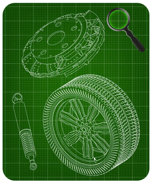 Disque de frein, roue et amortisseur sur un vert — Image vectorielle