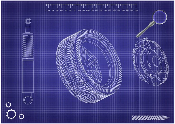 Rem disc, roda dan shock absorber pada biru - Stok Vektor