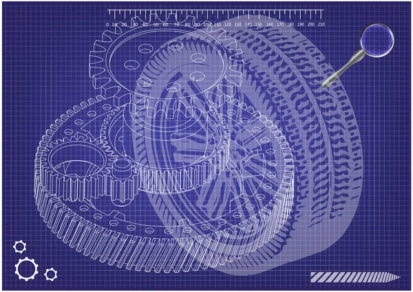 Mecanismo de roda e engrenagem em um azul —  Vetores de Stock