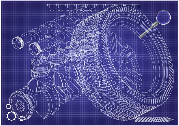 Motor de coche y rueda en un azul — Archivo Imágenes Vectoriales