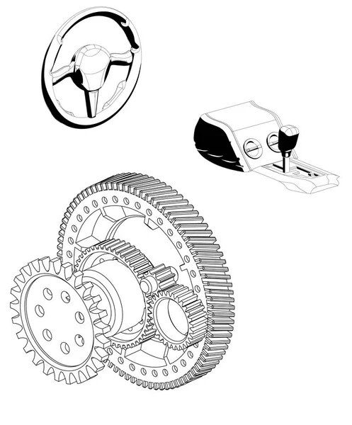 Kierowniczego koła, skrzyni biegów i przekładni na białym — Wektor stockowy