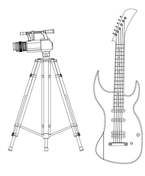 Modelo 3d de cámara y guitarra en un blanco — Vector de stock
